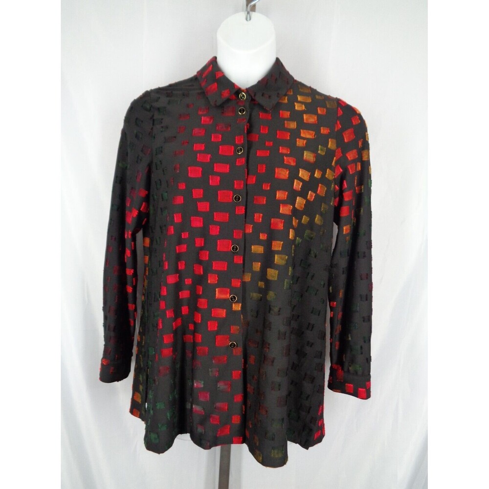 Michael Tyler Button Tunic Top Large Black Multi-Color New